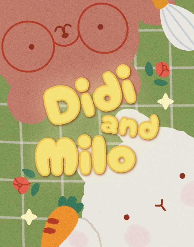 Children's book cover illustration of Didi the rabbit and Milo the bear peeking from the corners of a green checkered picnic blanket, looking up at the sky, with the title 'Didi and Milo' in yellow letters.