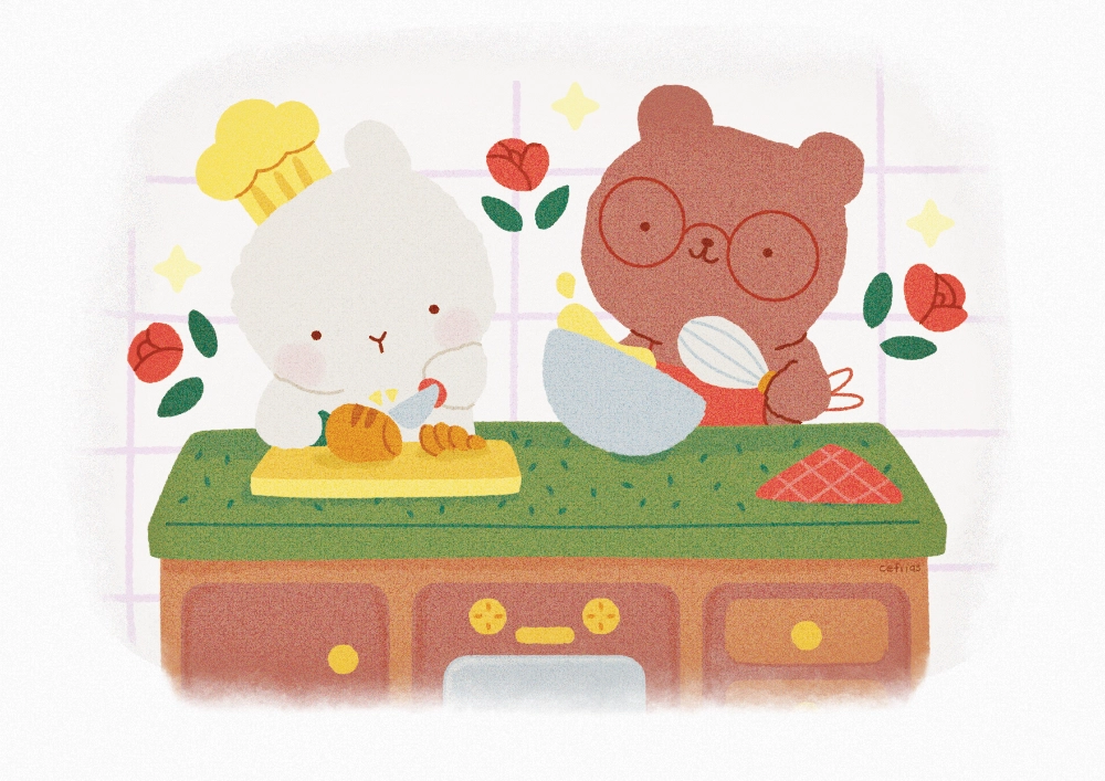 Children's book illustration of Didi the rabbit chopping carrots and Milo the bear whisking cream while baking a carrot cake in the kitchen.