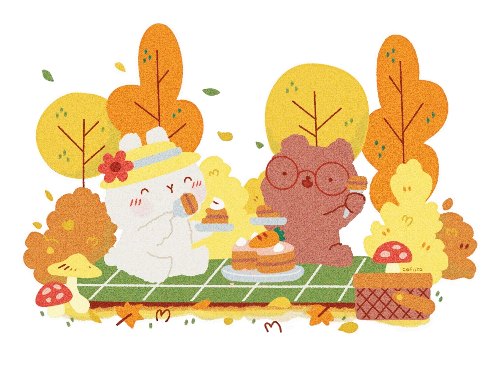 Children's book illustration of Didi the rabbit and Milo the bear enjoying carrot cake at a picnic in the forest