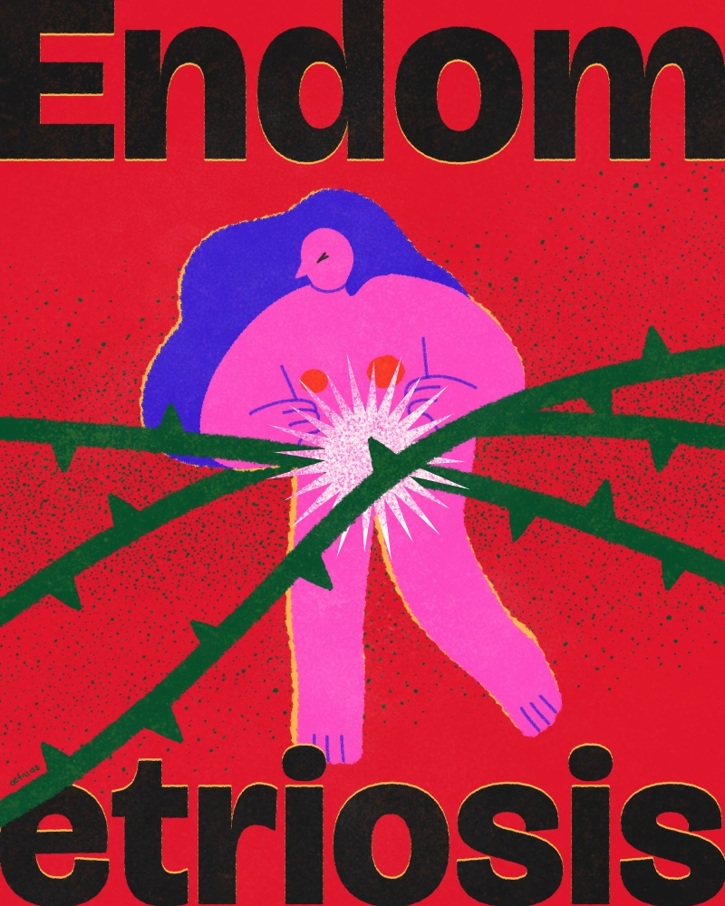 Editorial illustration with red background showing a woman in pain with thorny vines around her abdomen, representing endometriosis.