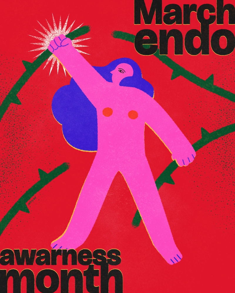 Editorial illustration of a woman breaking free from thorny vines on a red background, symbolizing strength and endometriosis awareness.