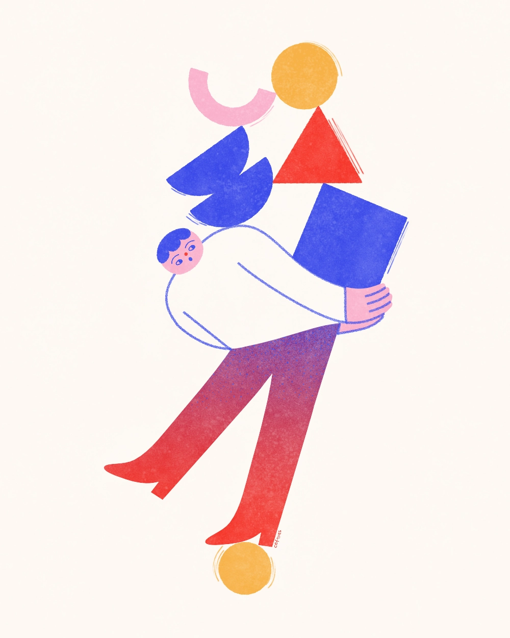 Editorial illustration of a character balancing on a ball while holding stacked geometric shapes, representing stress and mental overload.