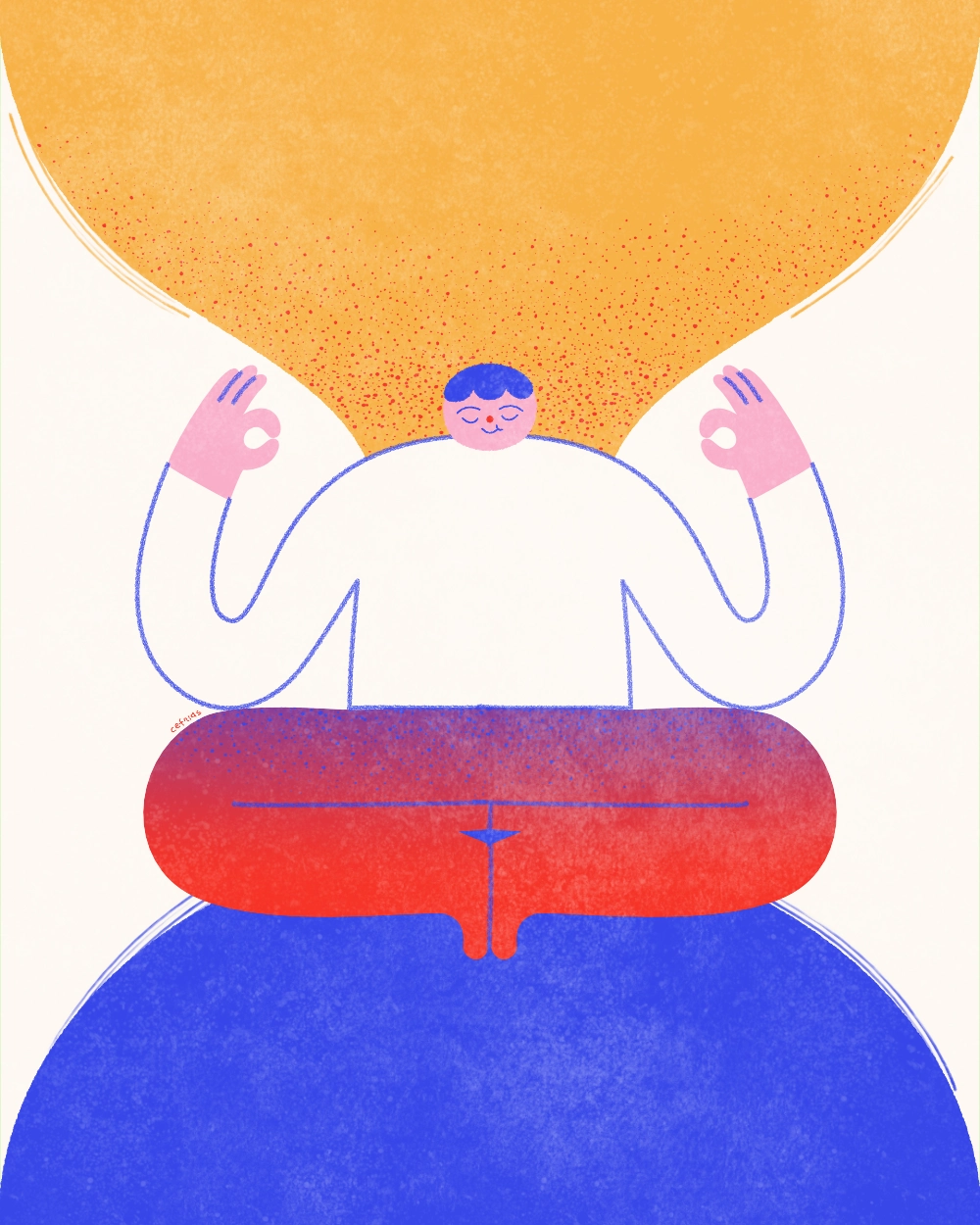 Editorial illustration of a character in a lotus pose, calm and relaxed, symbolizing meditation and mental well-being.