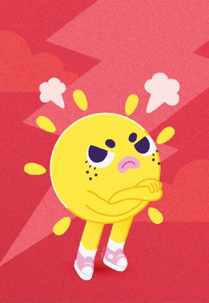 Children's illustration of a grumpy sun with crossed arms against a red background, a lightning bolt striking behind, expressing anger.