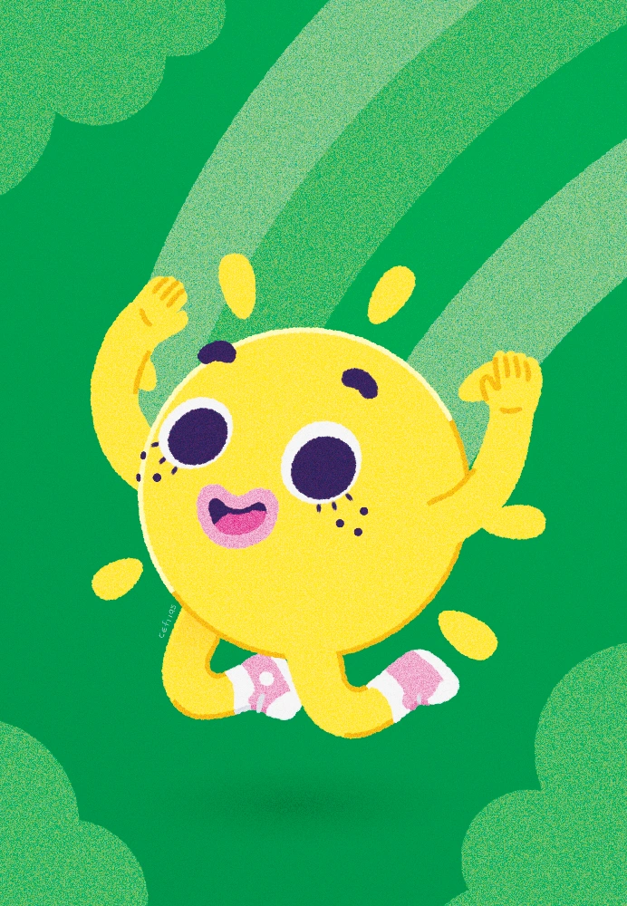 Educational children's book illustration of a happy sun jumping with joy against a green background, smiling with a rainbow behind it to teach emotions.