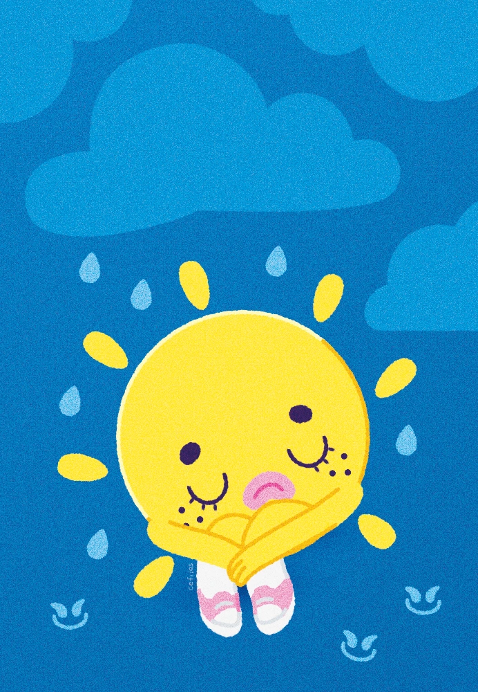 Educational children's book illustration of a sad sun curled up, sitting against a blue background with a rain cloud above its head, showing what sadness looks like