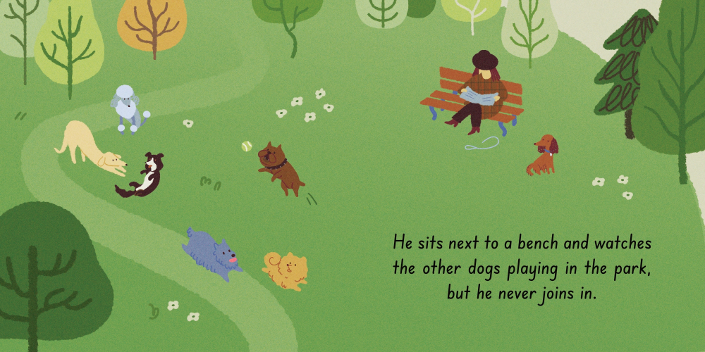 Double page from Pitimini picture book featuring dogs playing at the park