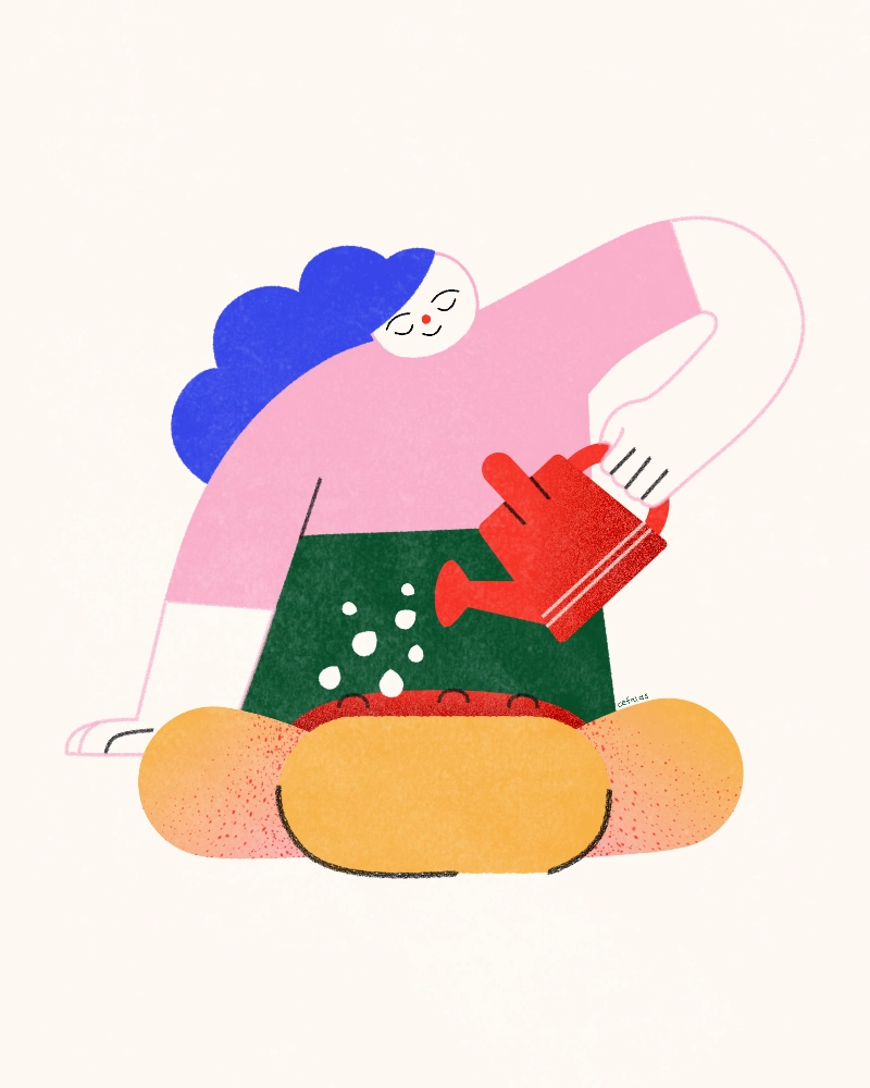Editorial illustration of a woman watering a flower, representing calm, plant care, and reconnecting with nature at home.