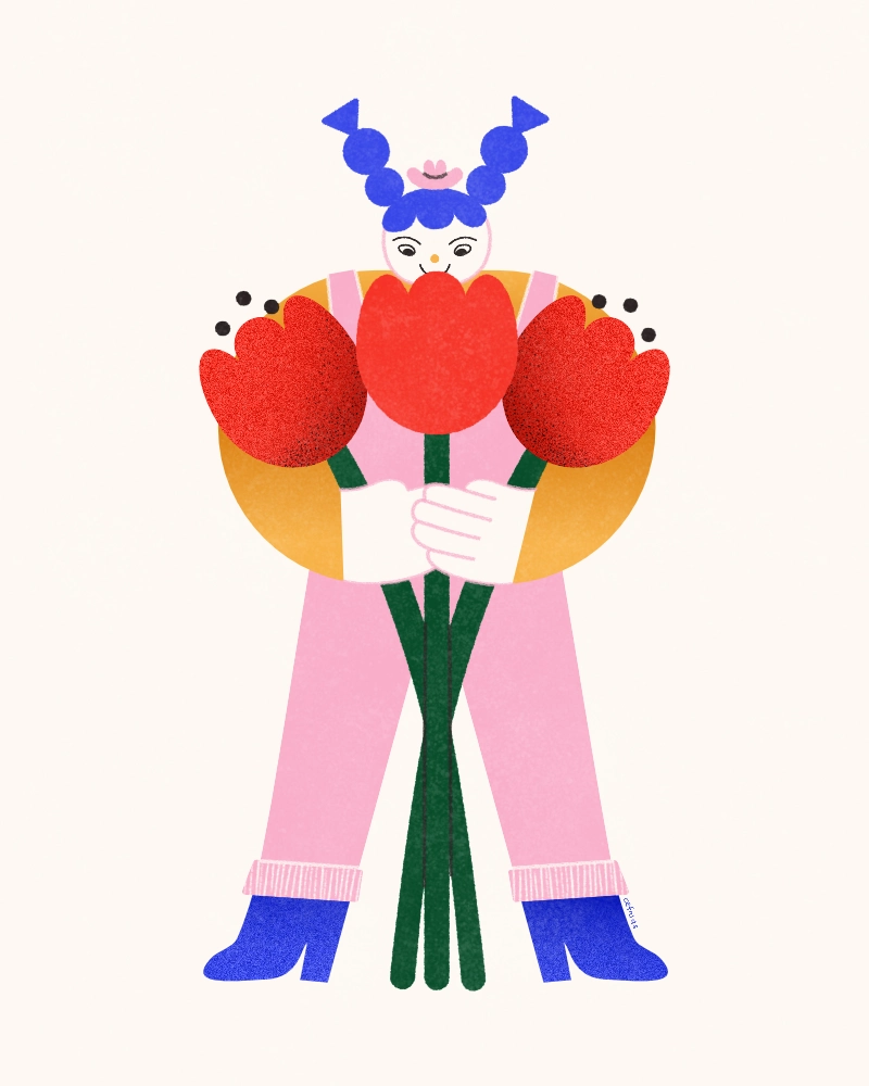 Editorial illustration of a woman holding three oversized tulips, symbolizing joy, growth, and bringing nature into the home.