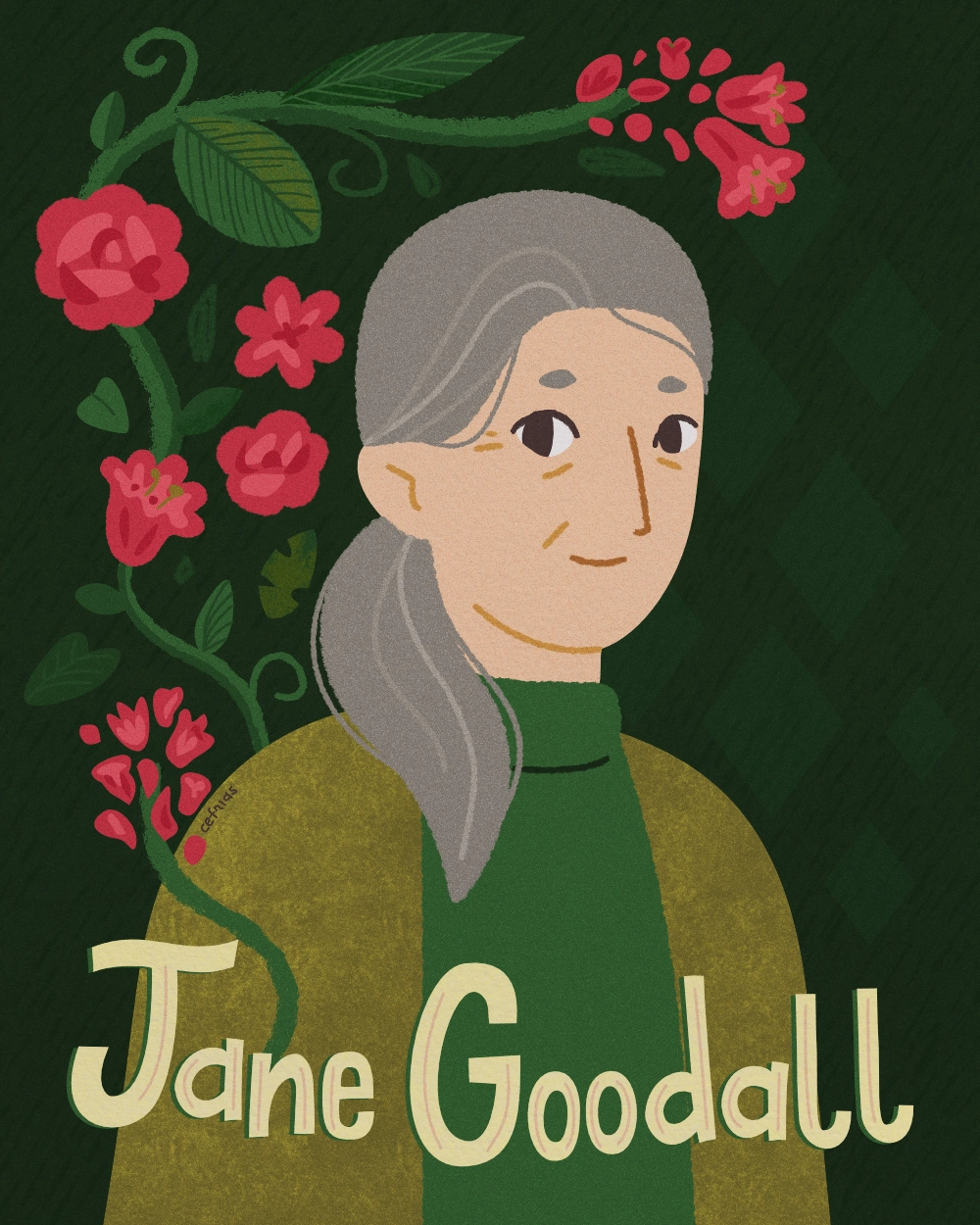 Portrait illustration of Jane Goodall, primatologist and conservationist, part of the Women of Influence illustration series.