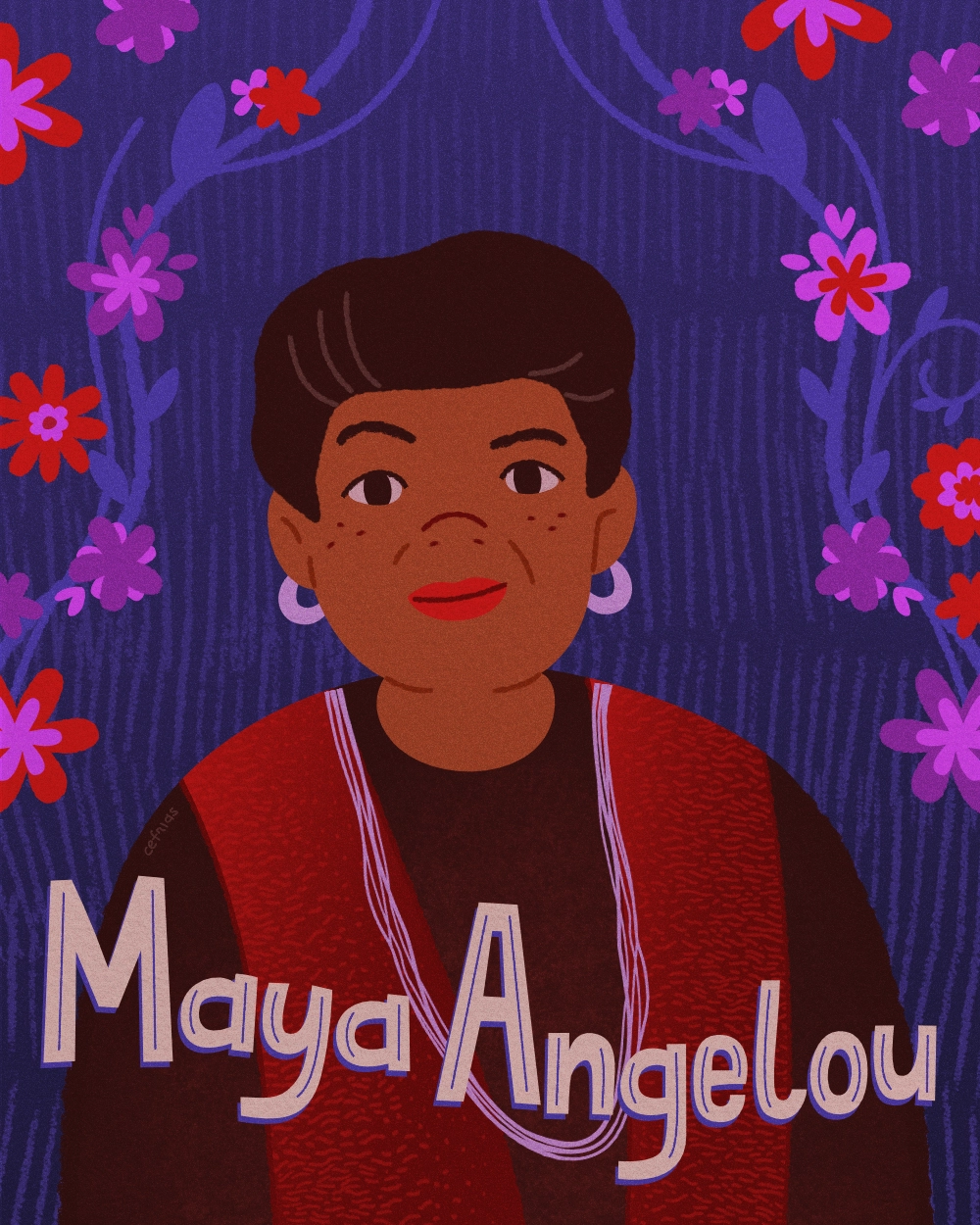 Portrait illustration of Maya Angelou, writer, poet and civil rights activist, from the Women of Influence portrait series