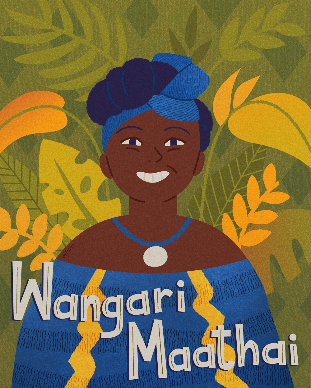 Portrait illustration of Wangari Maathai, environmental activist and Nobel Peace Prize laureate, part of the Women of Influence series